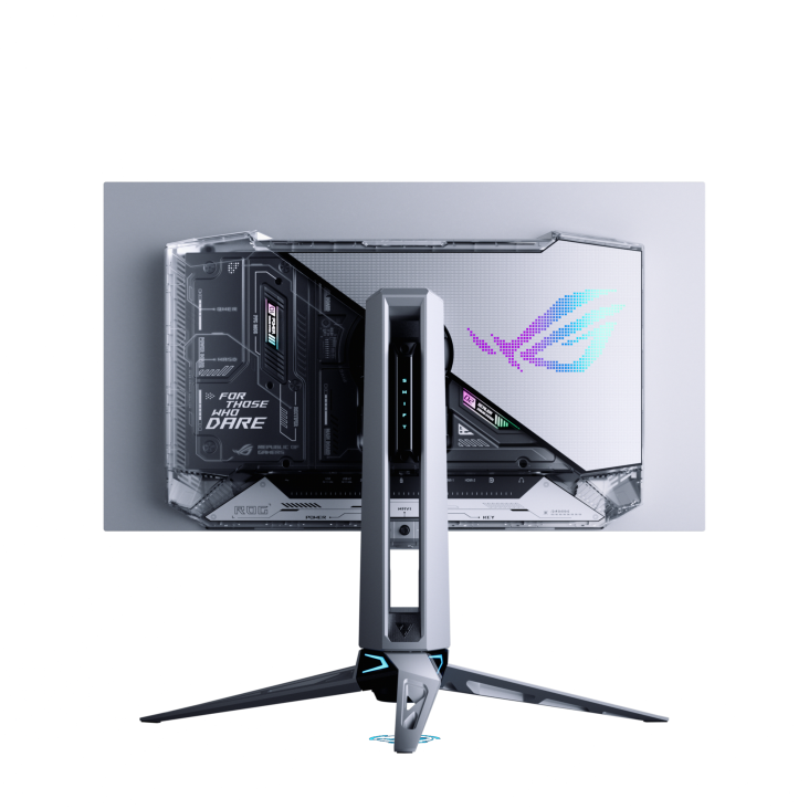 Fehér gamer monitor hátulja, átlátszó elemekkel és logóval.