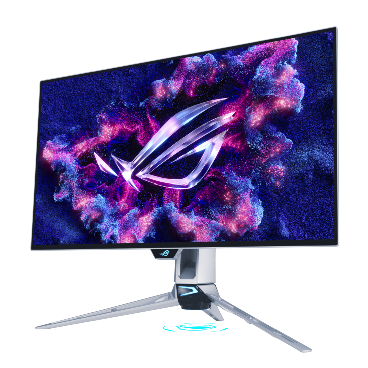 Ívelt gamer monitor lila-kék részecskehatással és ezüst logóval.