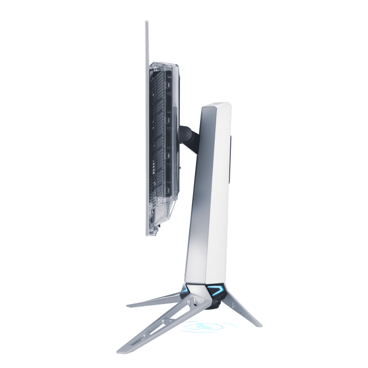 Elegáns, fehér számítógép monitor, átlátszó házzal és ezüst állvánnyal.