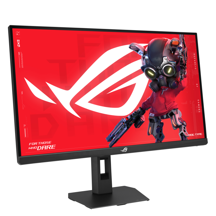 Egy gamer monitor piros háttérrel és stilizált karakterrel.