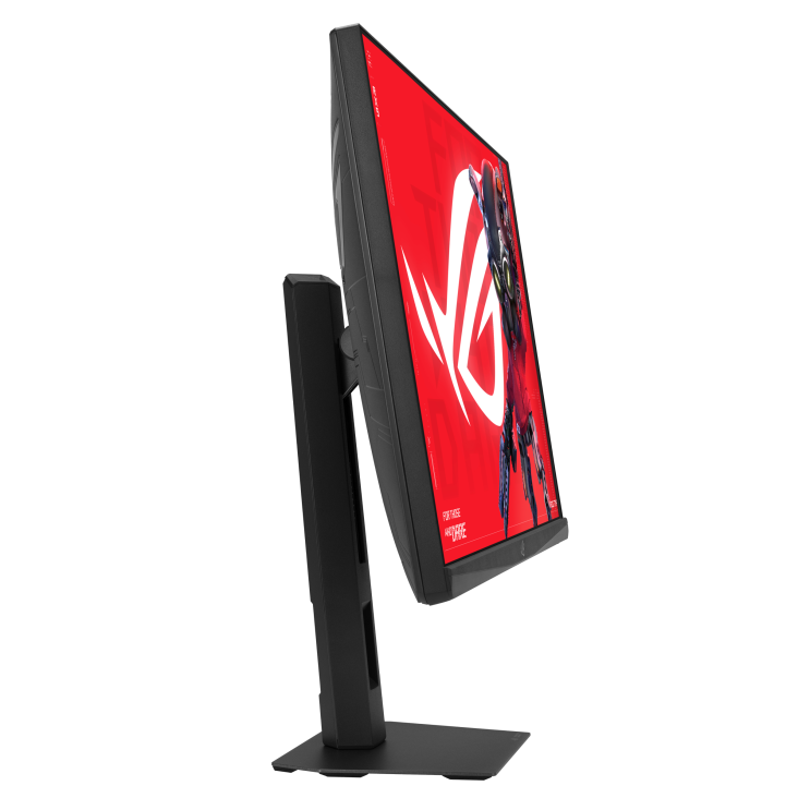 Egy fekete gamer monitor ROG logóval és piros háttérrel.
