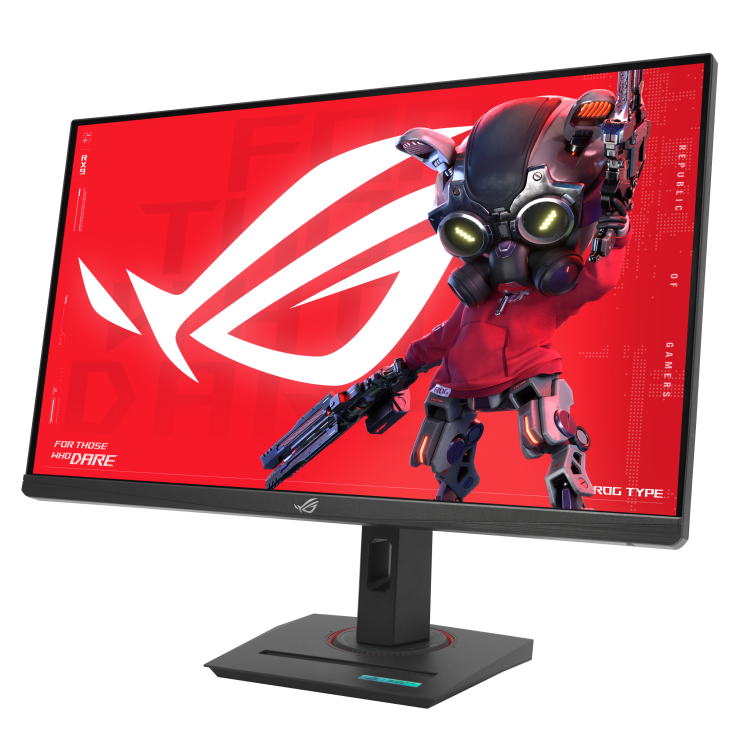 Egy monitor egy piros kapucnis rajzfilmfigurát mutat fegyverekkel, egy piros ROG logó előtt.