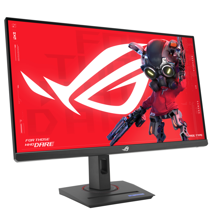 Gaming monitor piros háttérrel és ROG logóval. Gázmaszkos, fegyveres karakter.