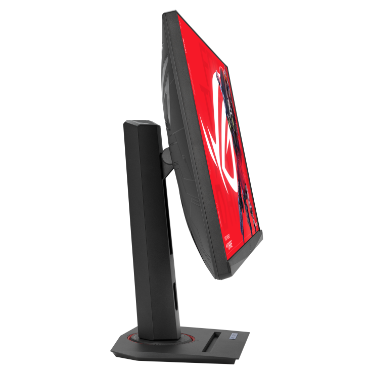Egy fekete számítógép monitor ROG logóval és piros háttérrel.