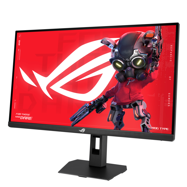 Egy futurisztikus robot gázmaszkban és fegyverekkel egy piros ROG gamer monitoron.