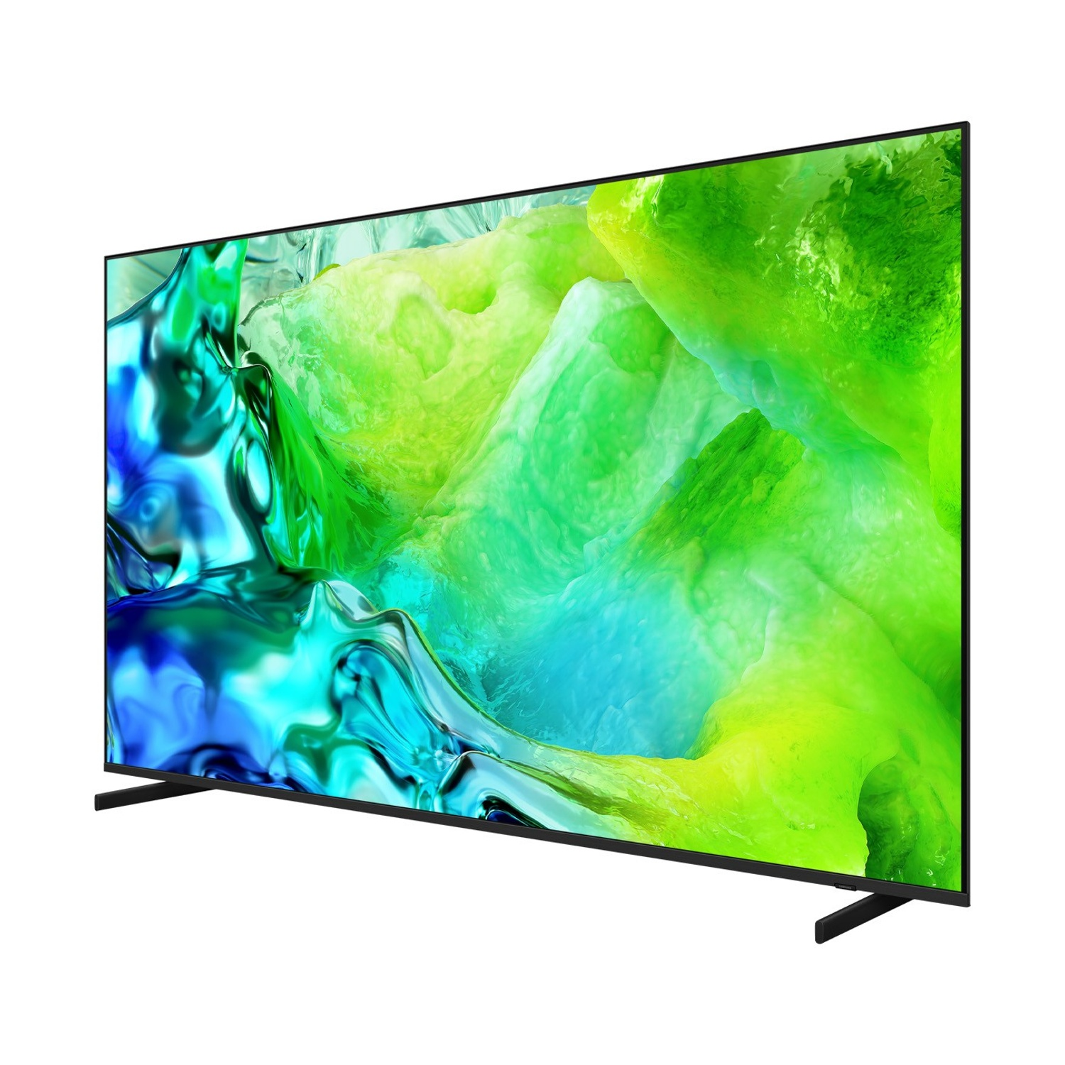 Un'elegante TV nera che mostra un'immagine astratta vibrante nei toni del verde e del blu.
