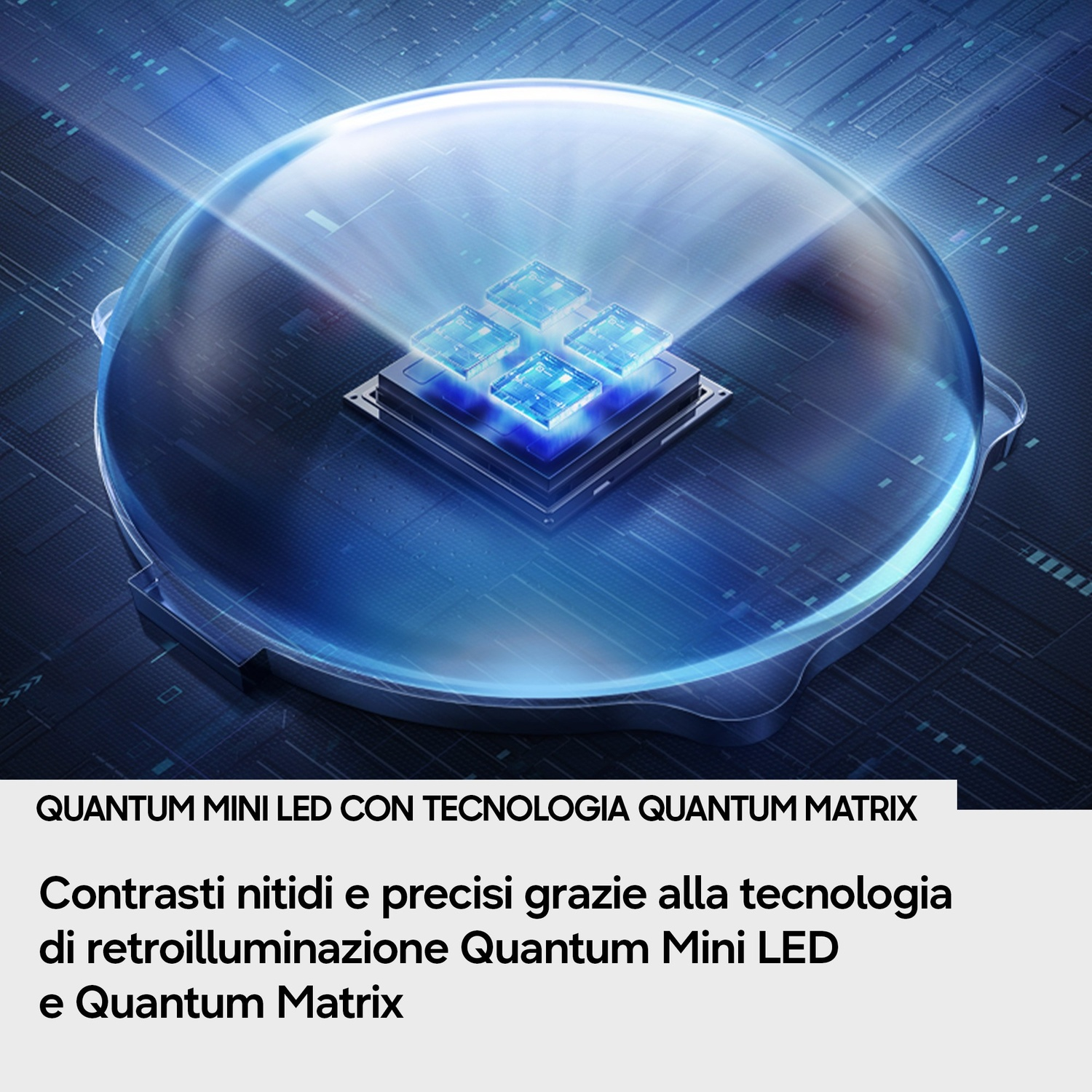 Un processore con quattro quadrati blu luminosi sotto una cupola di vetro.