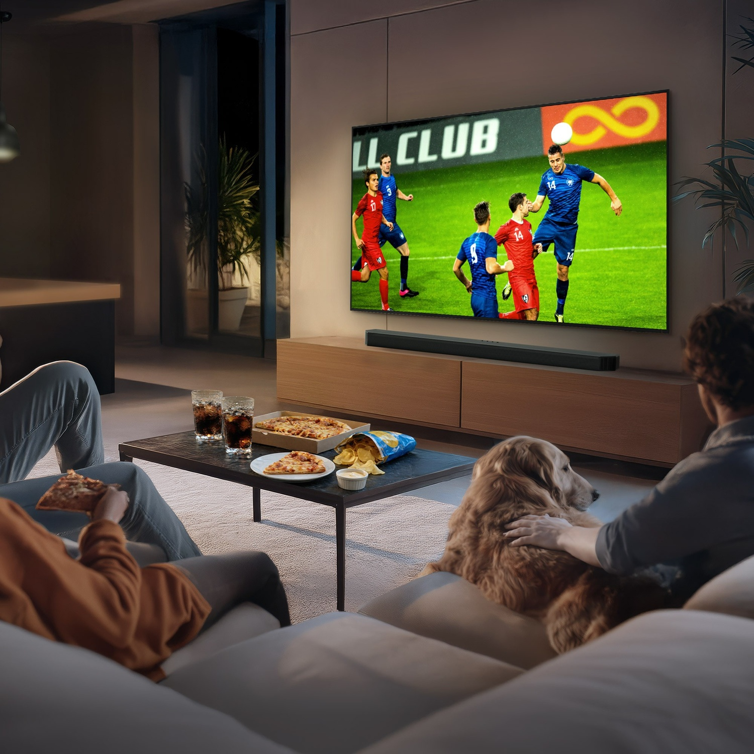 Persone guardano calcio in TV, mangiano pizza e patatine. Un cane è vicino.