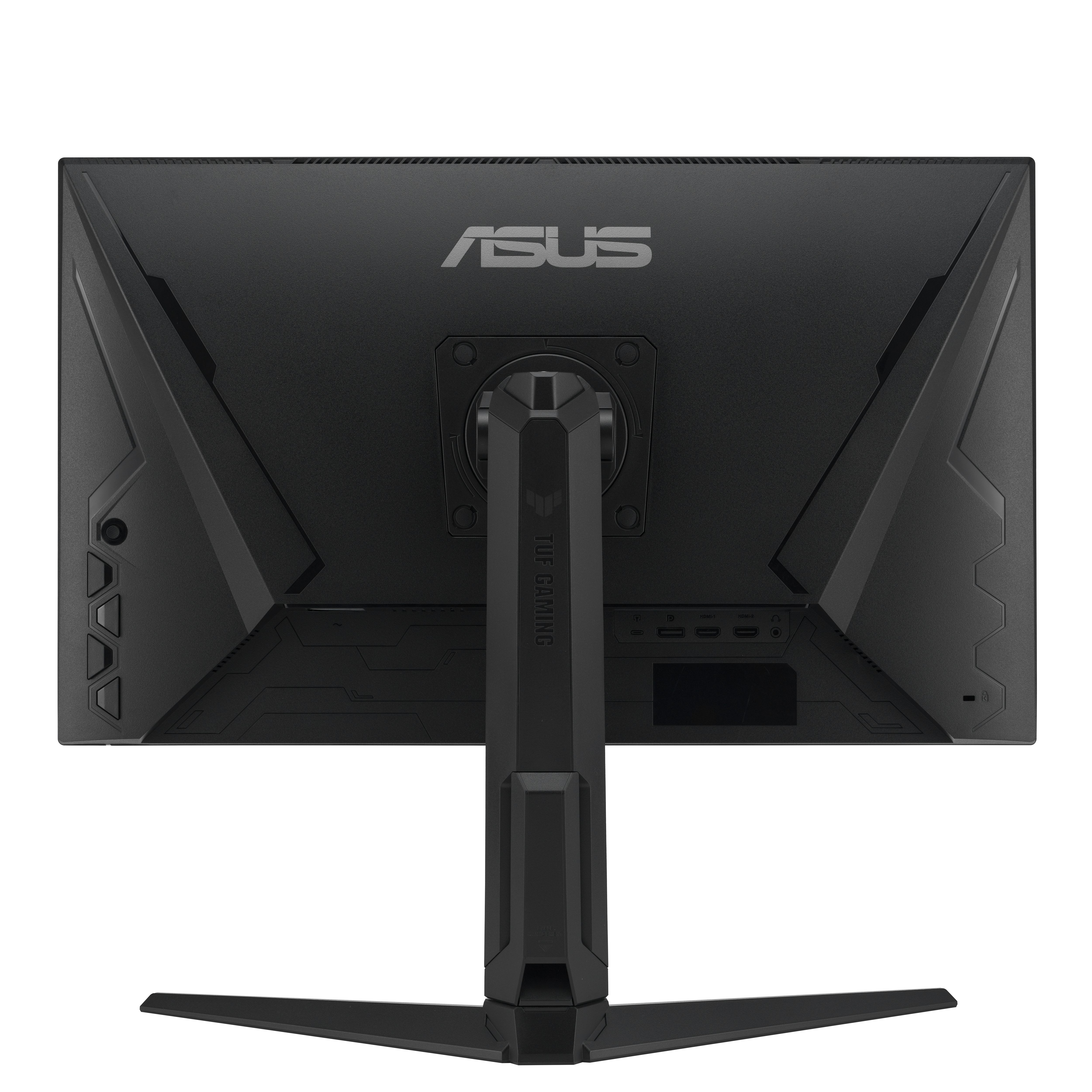 Fekete Asus gamer monitor hátulnézete, állvánnyal és csatlakozókkal.