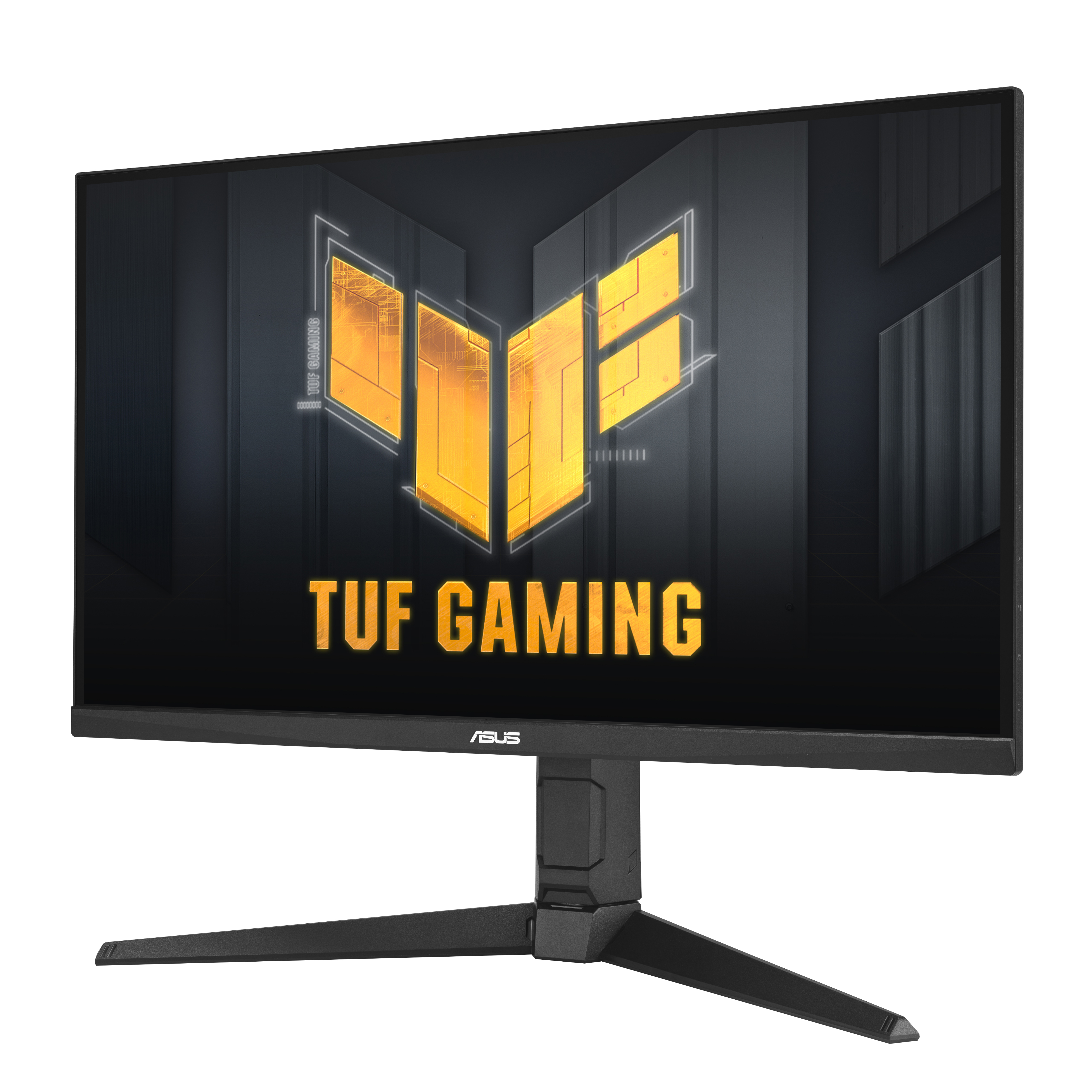 Egy fekete gamer monitor TUF GAMING logóval és ASUS felirattal.