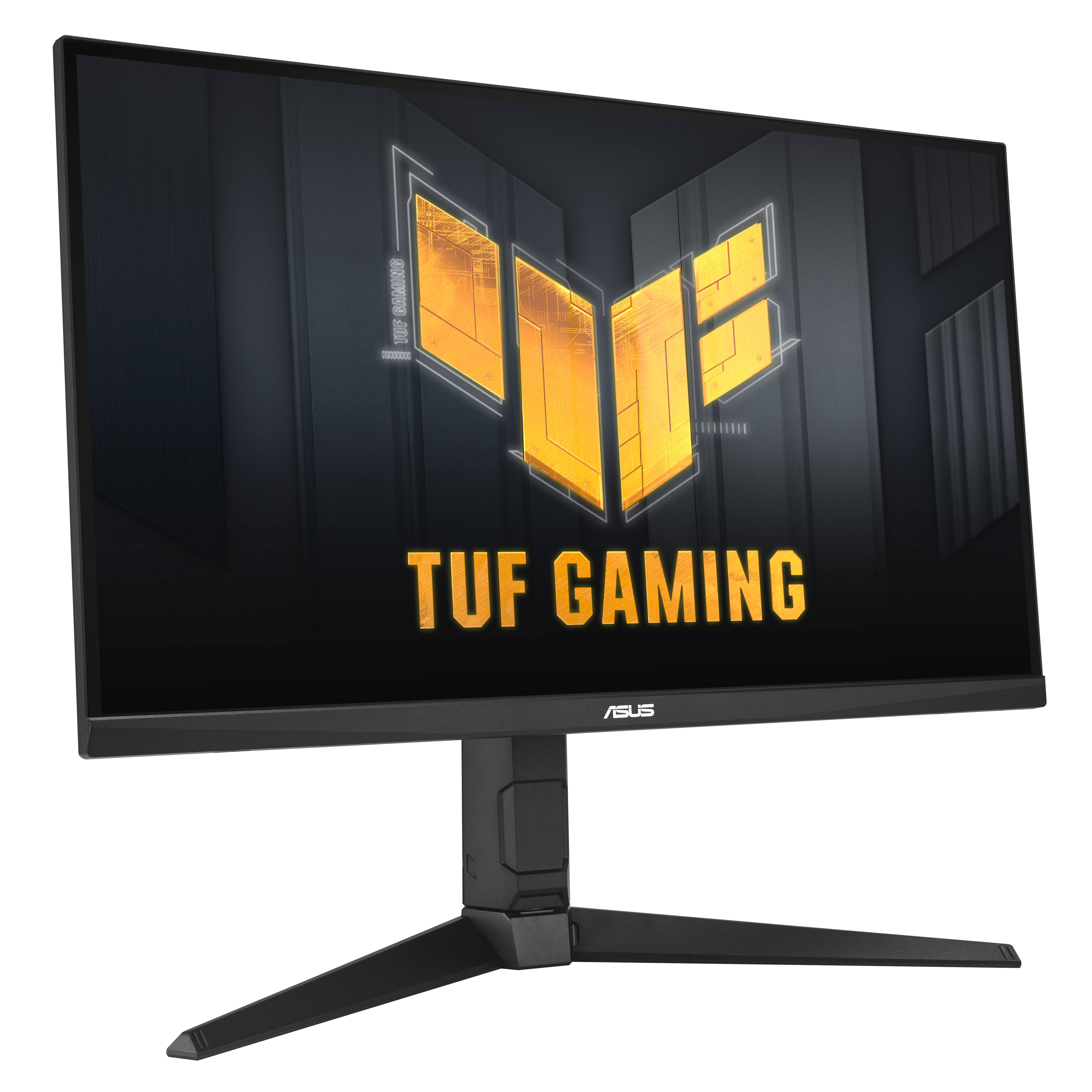 Egy fekete gamer monitor TUF Gaming logóval a képernyőn.