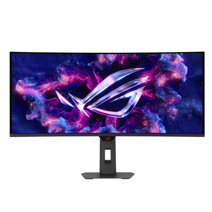 Széles gamer monitor ROG logóval, dinamikus, neon színű háttér előtt.
