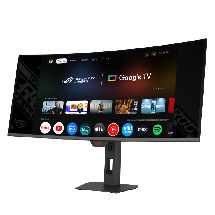 Egy ívelt monitor megjeleníti a Google TV felületét olyan alkalmazás ikonokkal, mint a Netflix, YouTube, Prime Video.