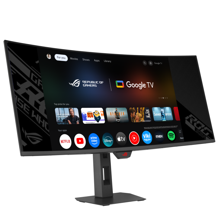 Ívelt gamer monitor mutatja a Google TV felületet olyan appokkal, mint a Netflix, YouTube és a Disney+.