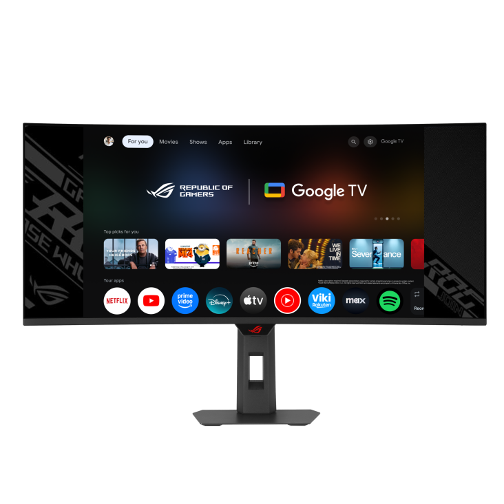 Egy monitor a Google TV felületet mutatja, olyan appokkal, mint a Netflix, Prime Video és Disney+.
