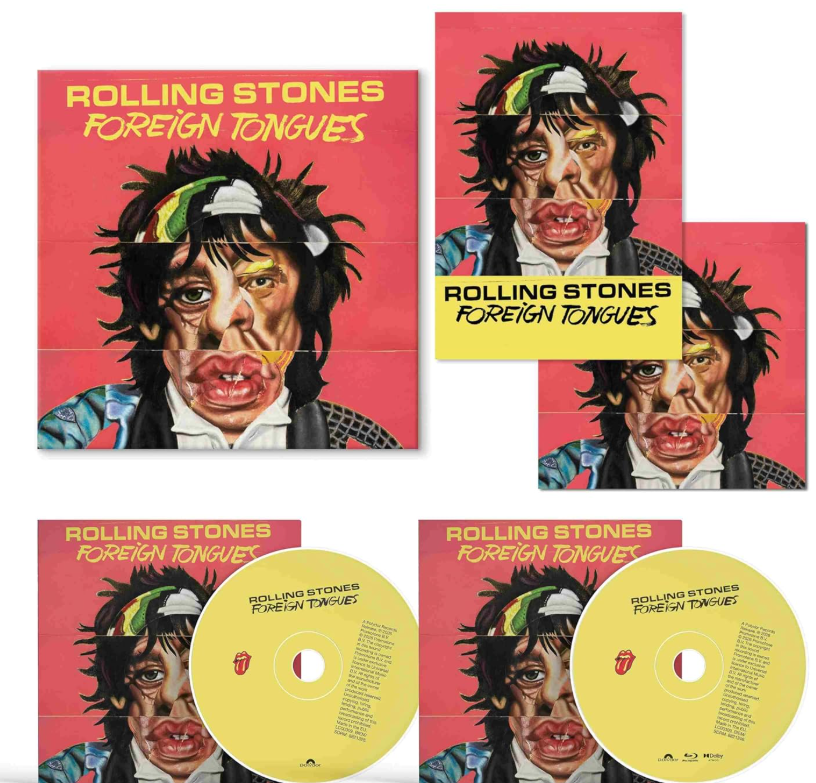 Rolling Stones' "Foreign Tongues" Album-Cover und CDs mit verzerrtem Mick Jagger-Porträt.