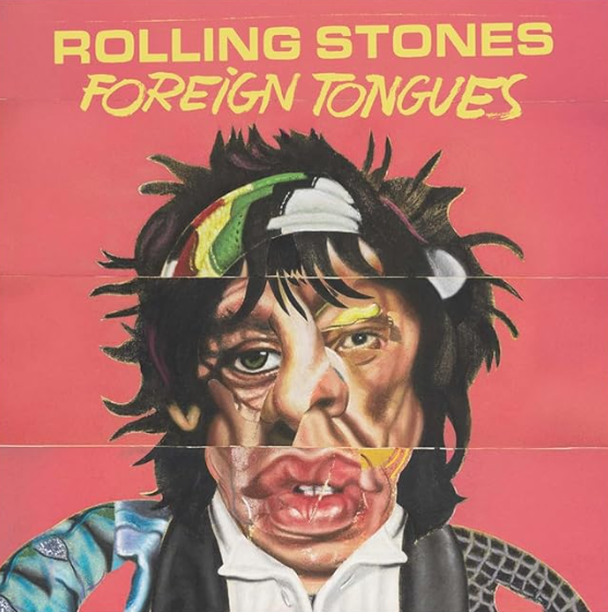Rolling Stones "Foreign Tongues" Albumcover mit zerstückeltem Porträt.