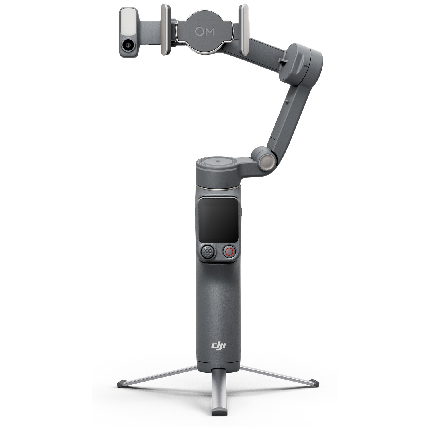 Een grijze DJI Osmo Mobile gimbal stabilizer met een klein statief wordt getoond tegen een witte achtergrond.