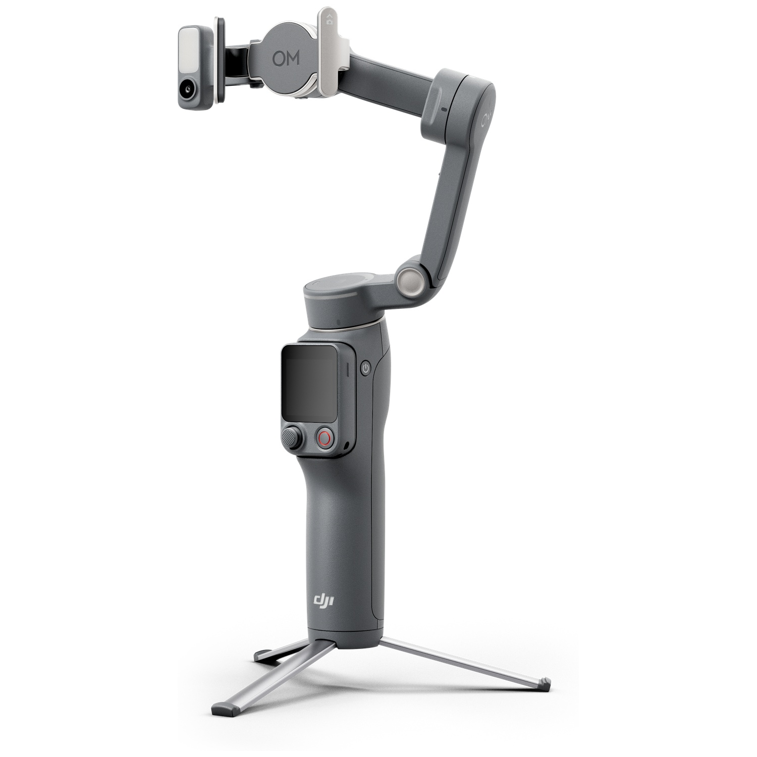 Grijze gimbal met inklapbaar statief en smartphonehouder.