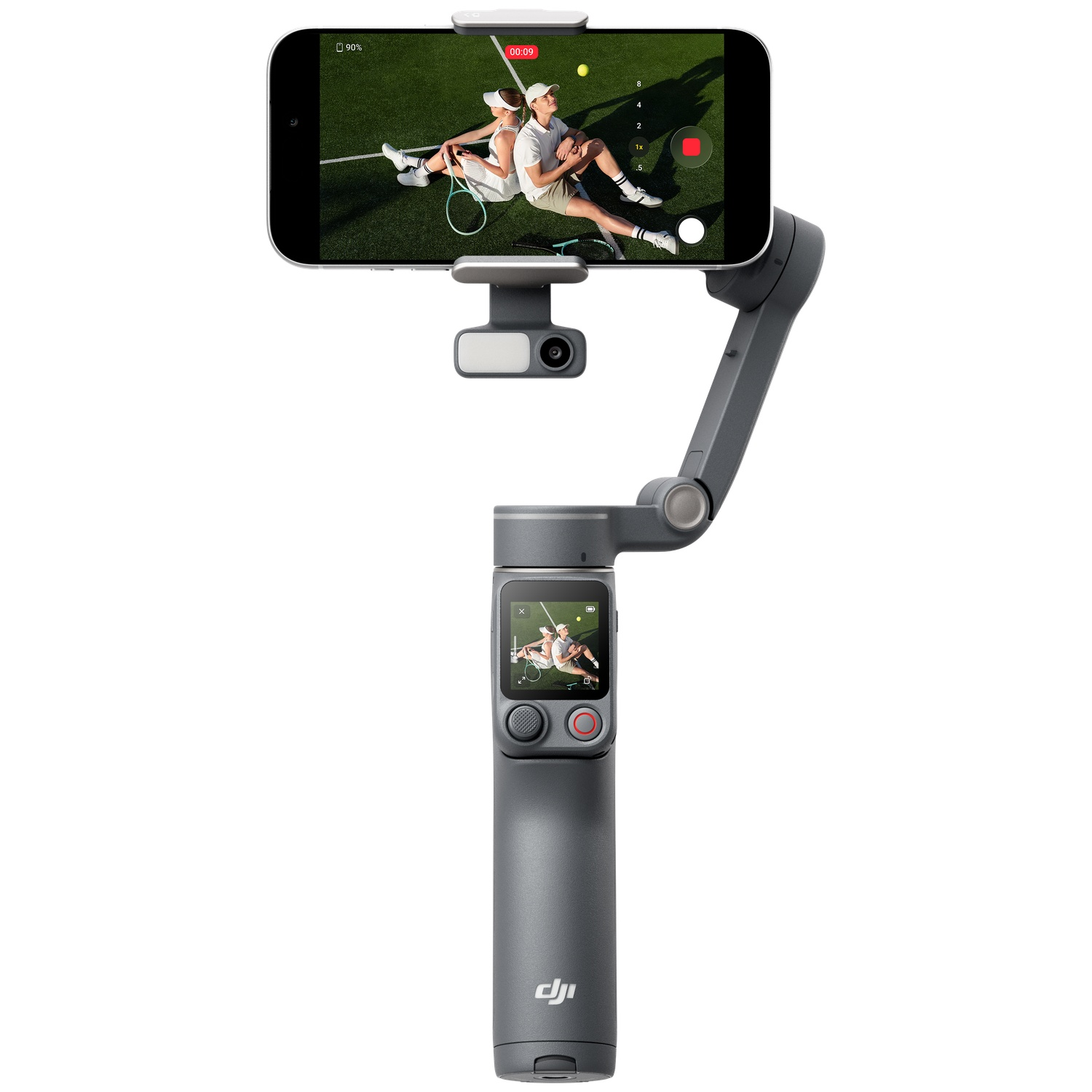 Een grijze gimbal houdt een smartphone vast die een tenniswedstrijd toont.