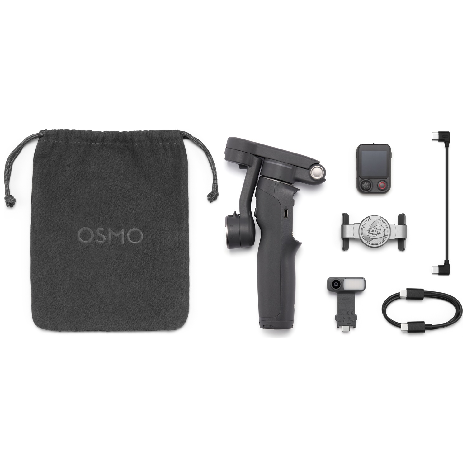 Een donkere tas met OSMO-logo, een gimbal, scherm, houder en kabels op wit.