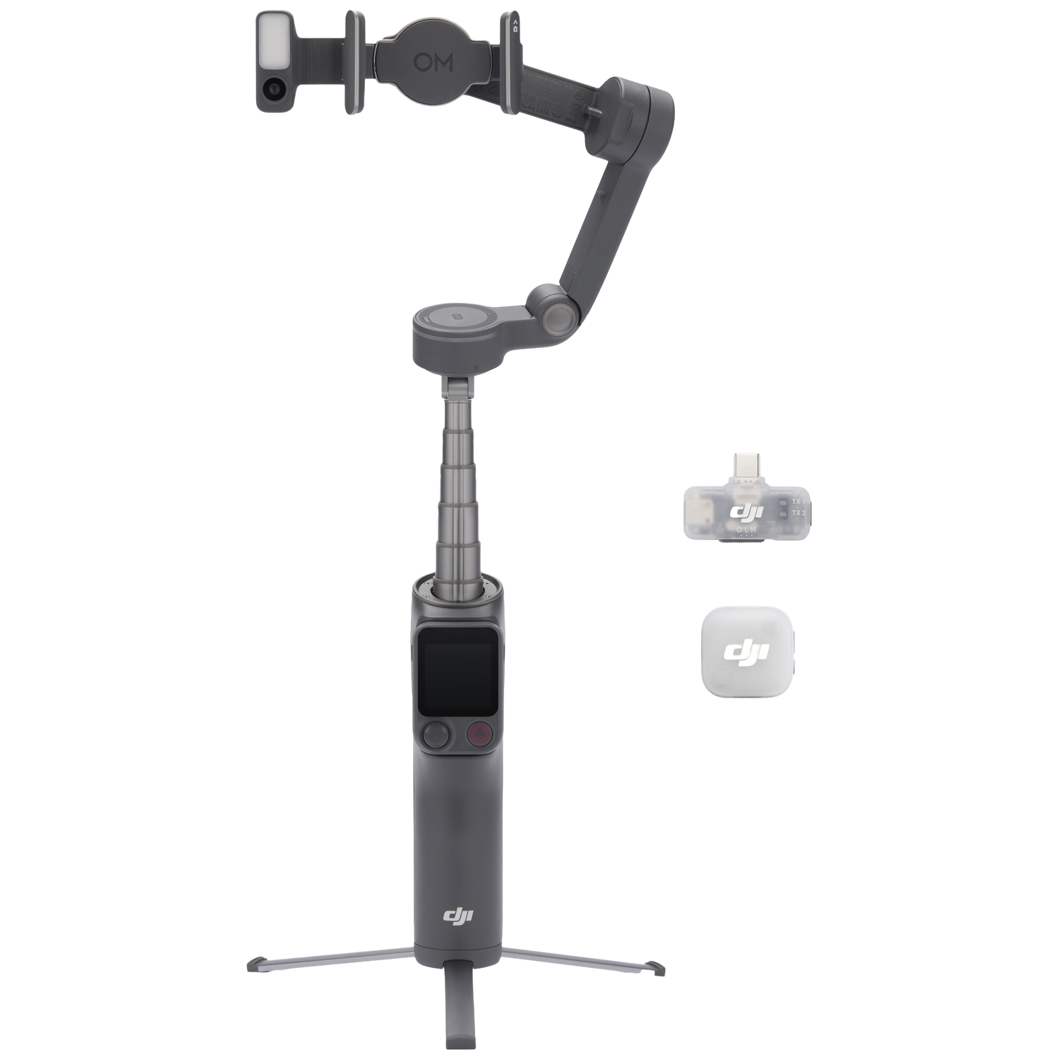 Un cardan DJI Osmo Mobile SE gris avec trépied, lumière et deux émetteurs.