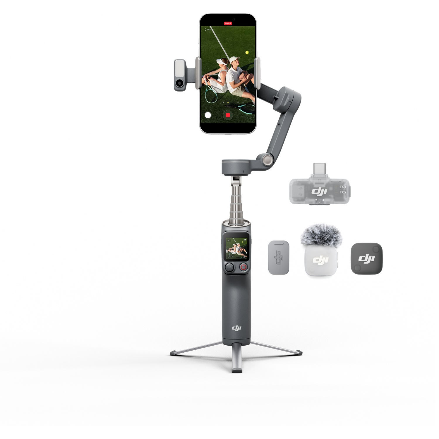 Un cardan gris avec un smartphone, un microphone et des accessoires sur fond blanc.