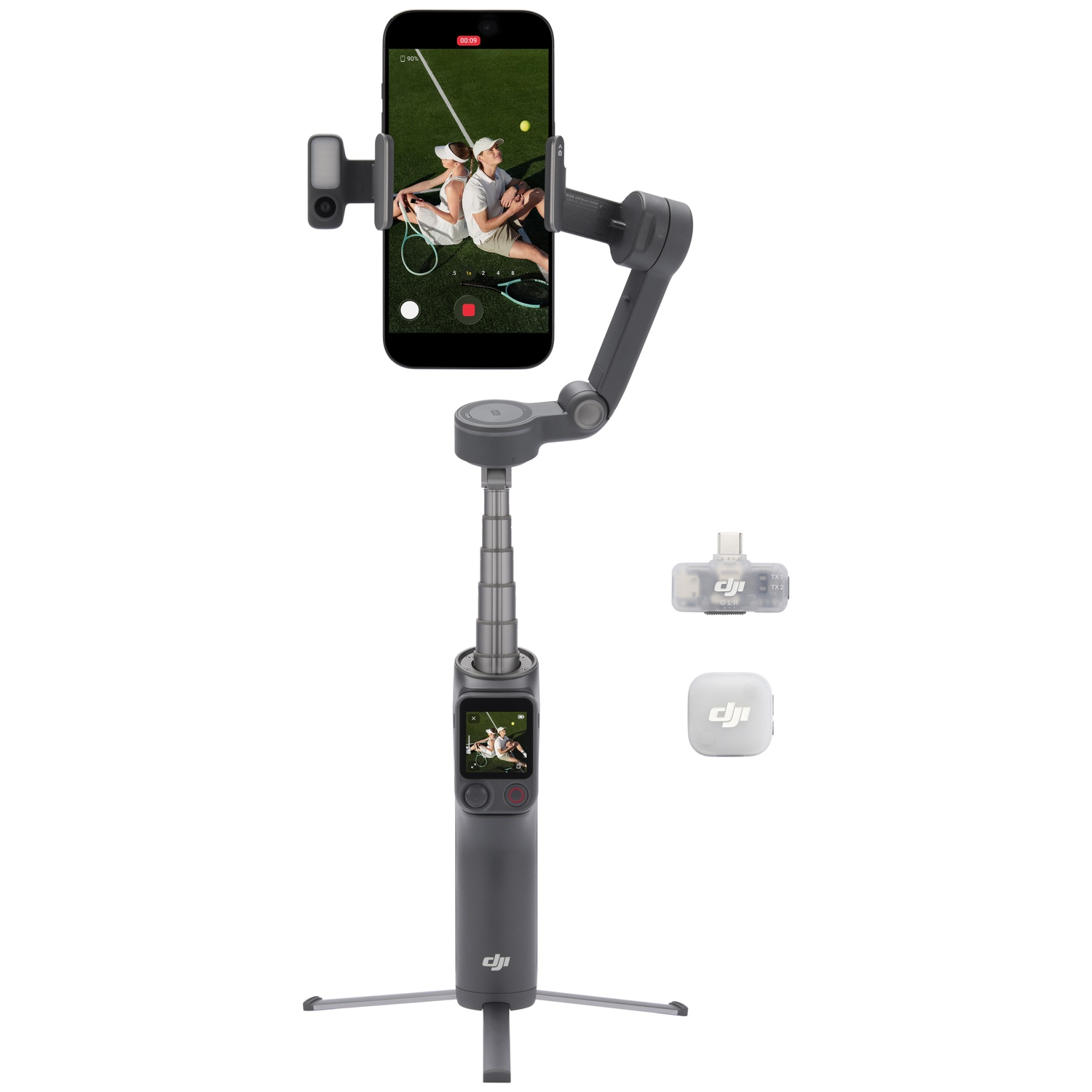 Gimbal gris avec smartphone montrant des joueurs de tennis. Accessoires à côté.