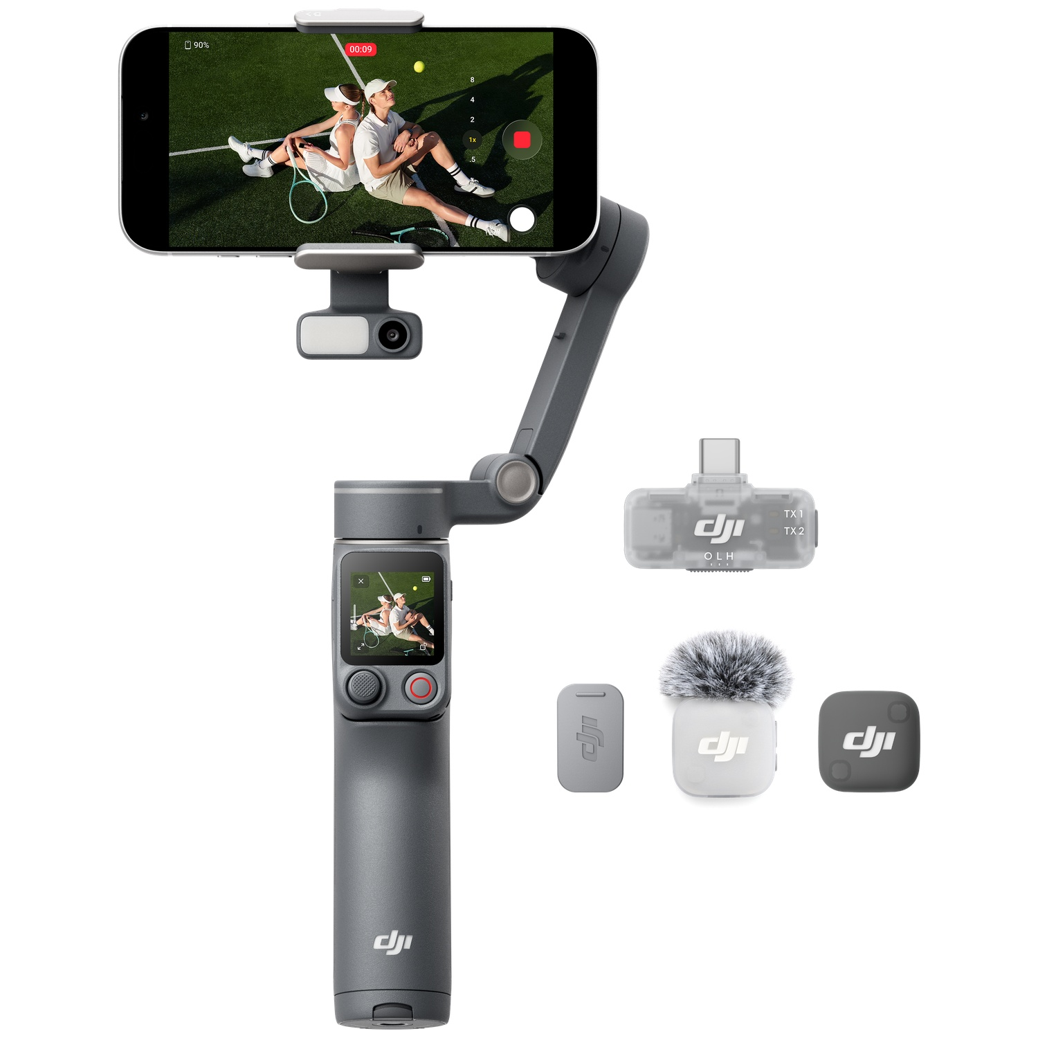 Gimbal gris avec smartphone, microphone et accessoires sur fond blanc.