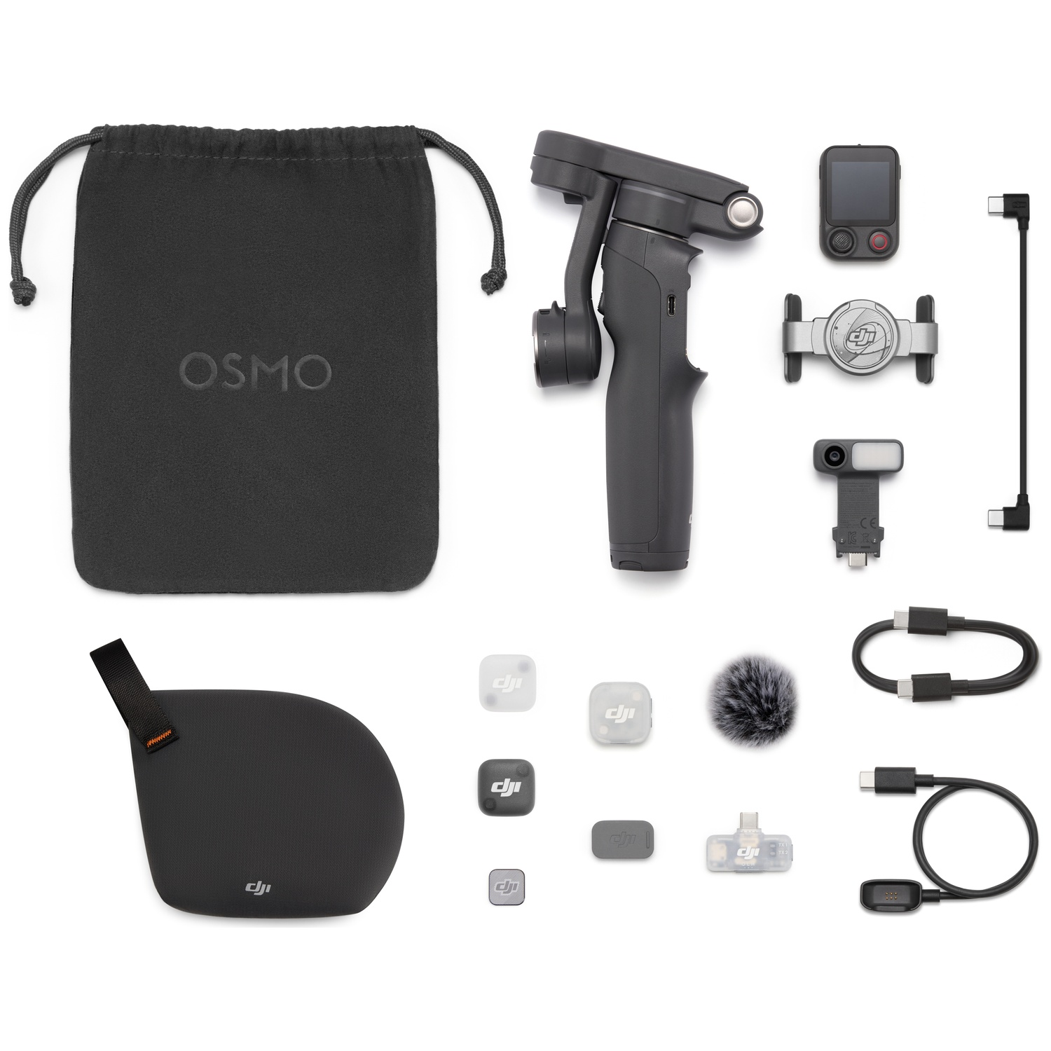 Accessoires DJI Osmo : nacelle, sac, microphone, câbles et adaptateurs.