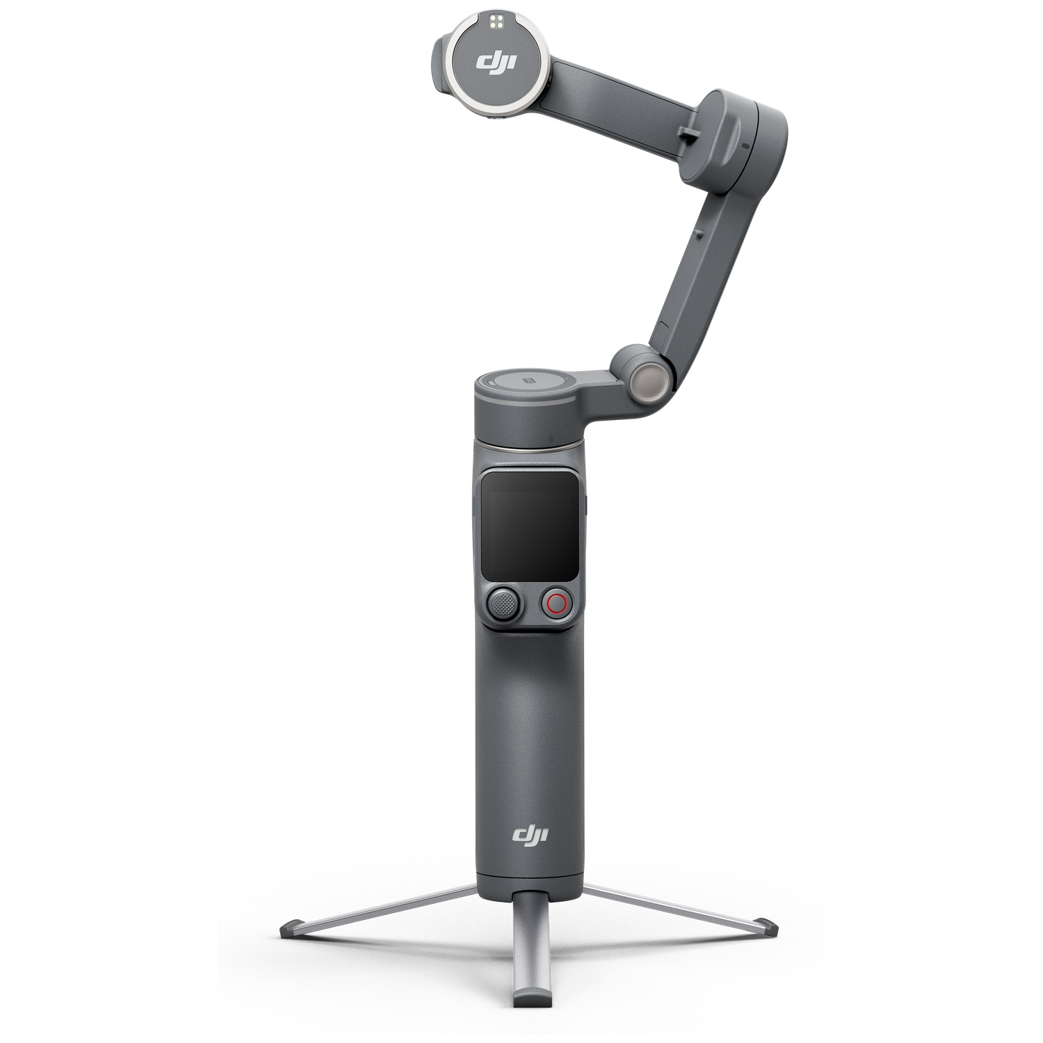 Gimbal DJI gris avec trépied pliable et écran.