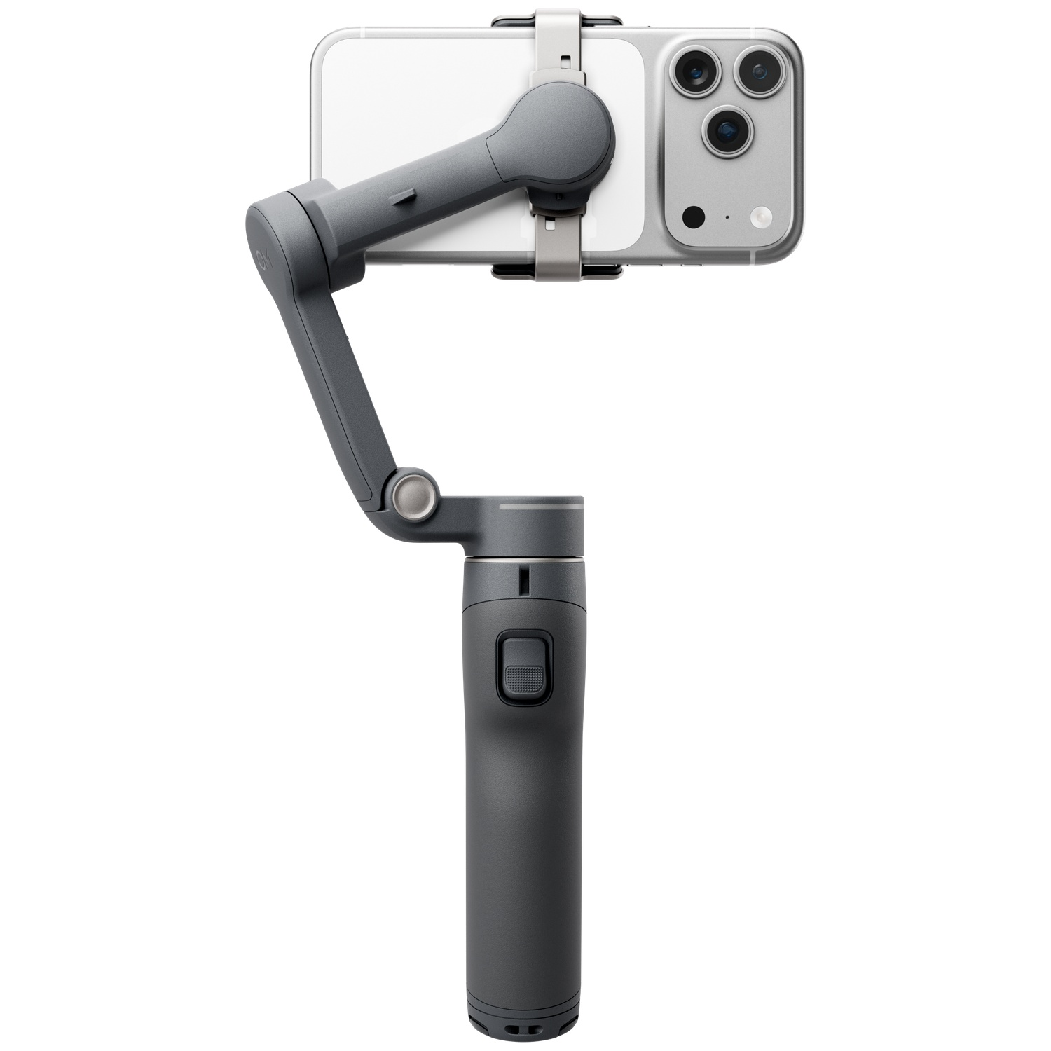 Gimbal gris pour smartphone avec téléphone blanc, trois caméras.