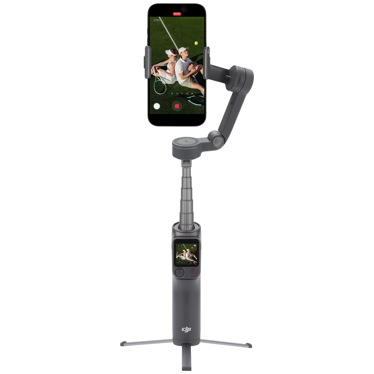 Un cardan avec trépied déployé et un smartphone affichant un couple.