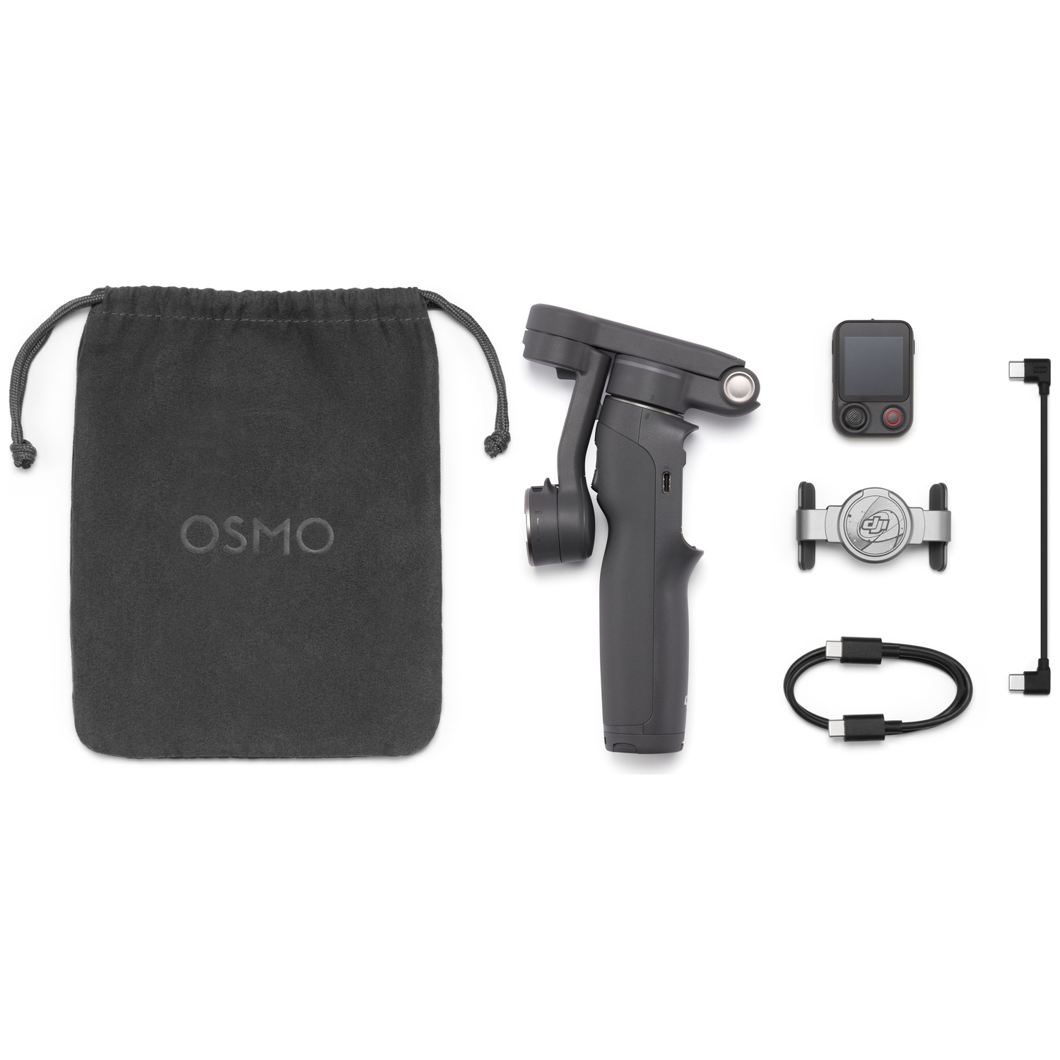 Sac Osmo, nacelle, écran, support et câbles sur fond blanc.
