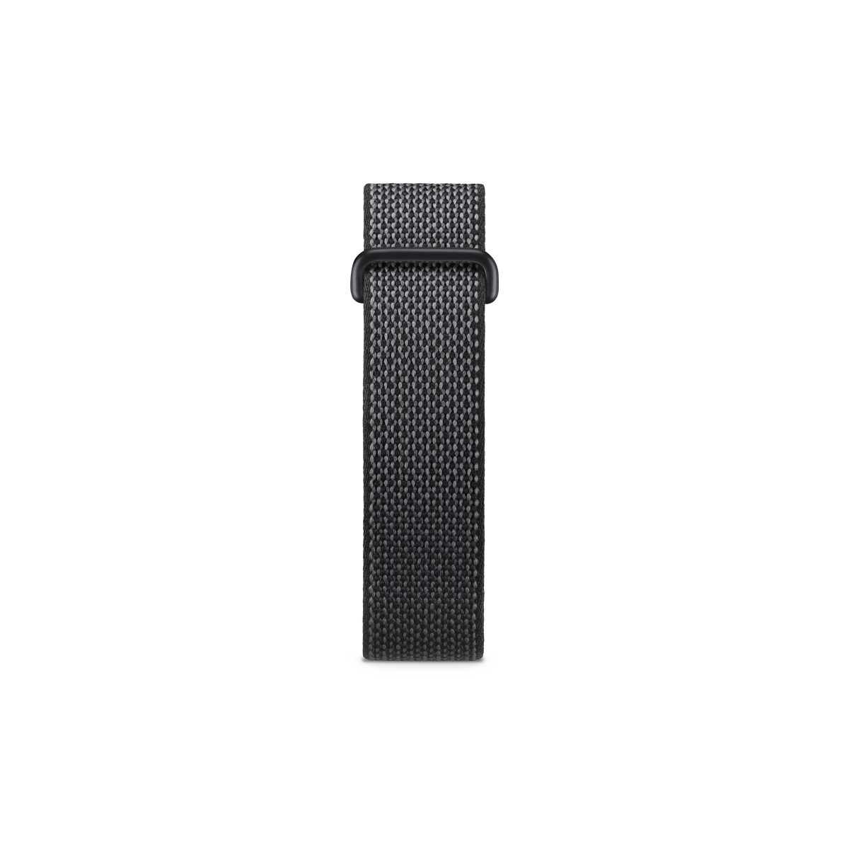 Ein dunkelgraues Stoffarmband mit schwarzer Schnalle, isoliert auf weißem Hintergrund.
