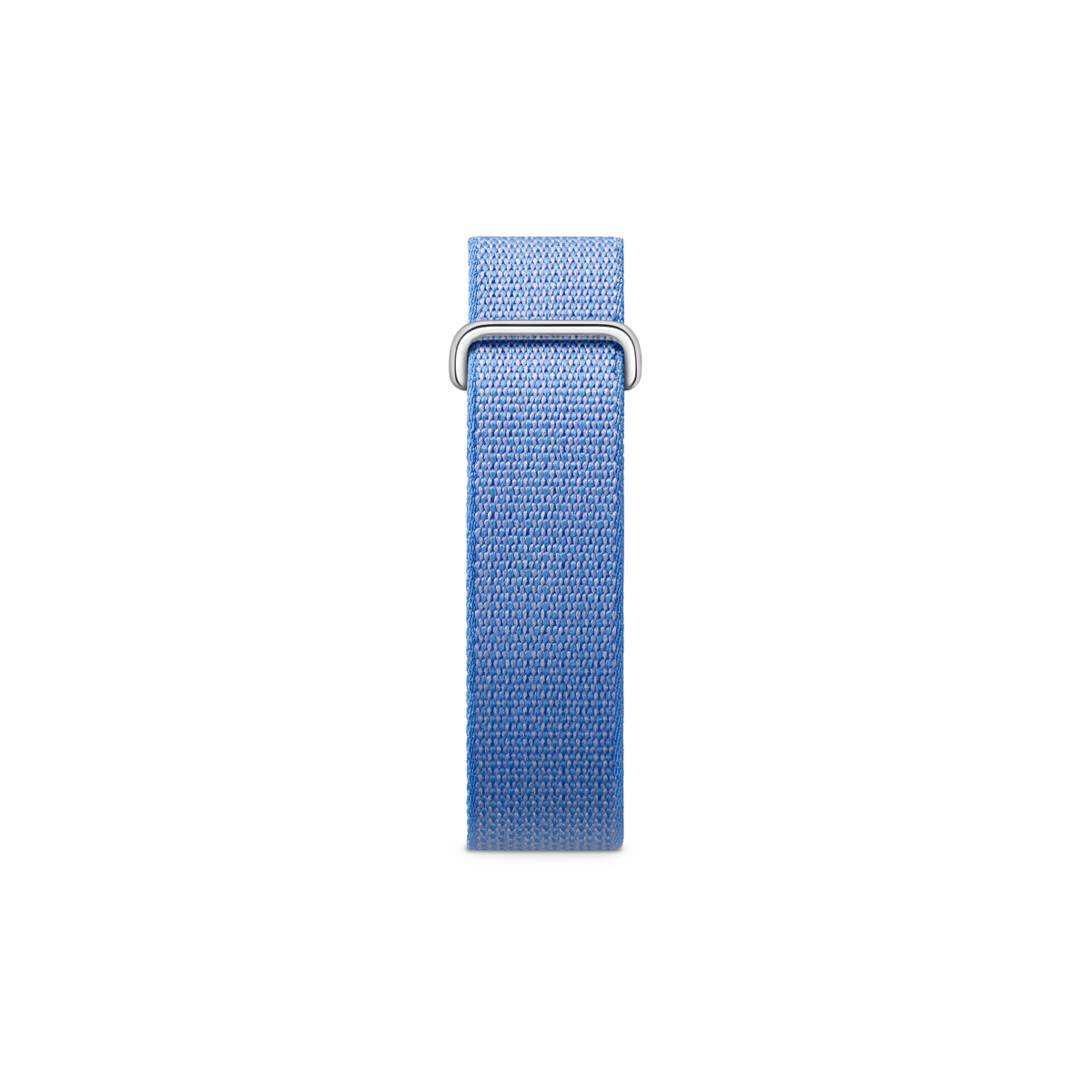 Ein blaues Textiluhrenarmband mit einer Metallschnalle auf weißem Hintergrund.