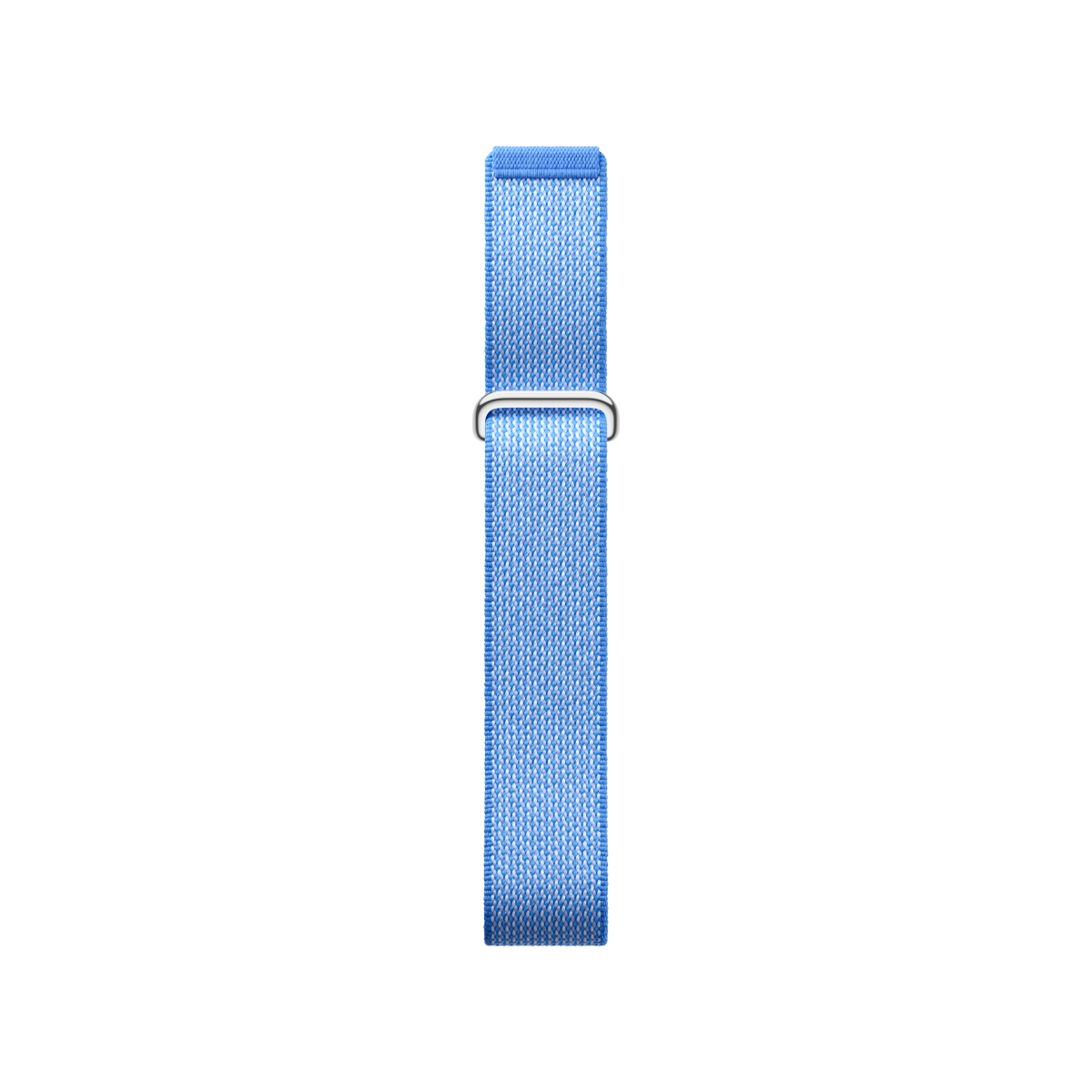 Ein hellblaues Stoffarmband mit Metallschnalle auf weißem Hintergrund.