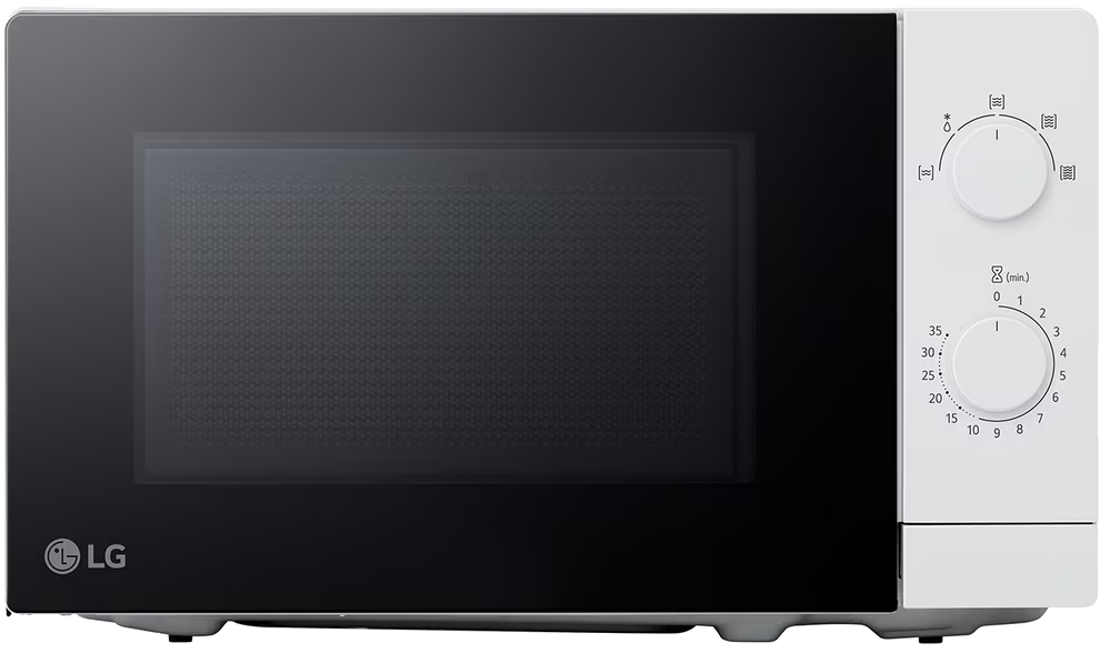 Weiße Mikrowelle mit schwarzer Tür und zwei Drehreglern. Links das LG-Logo.