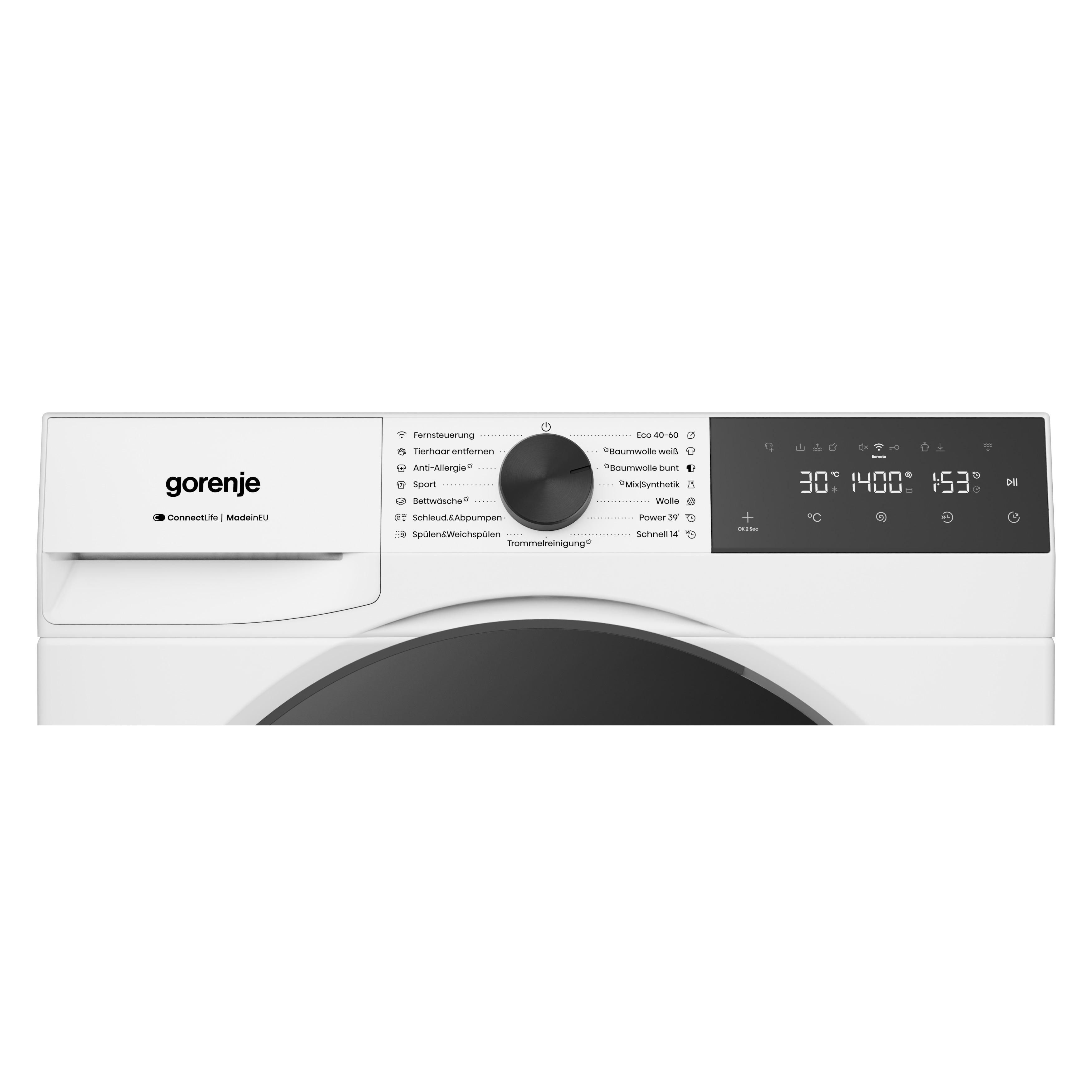 Weiße Waschmaschine mit Gorenje-Logo und digitalem Bedienfeld. Aktuell 30 Grad, 1400 U/min, 1:53 Restzeit.