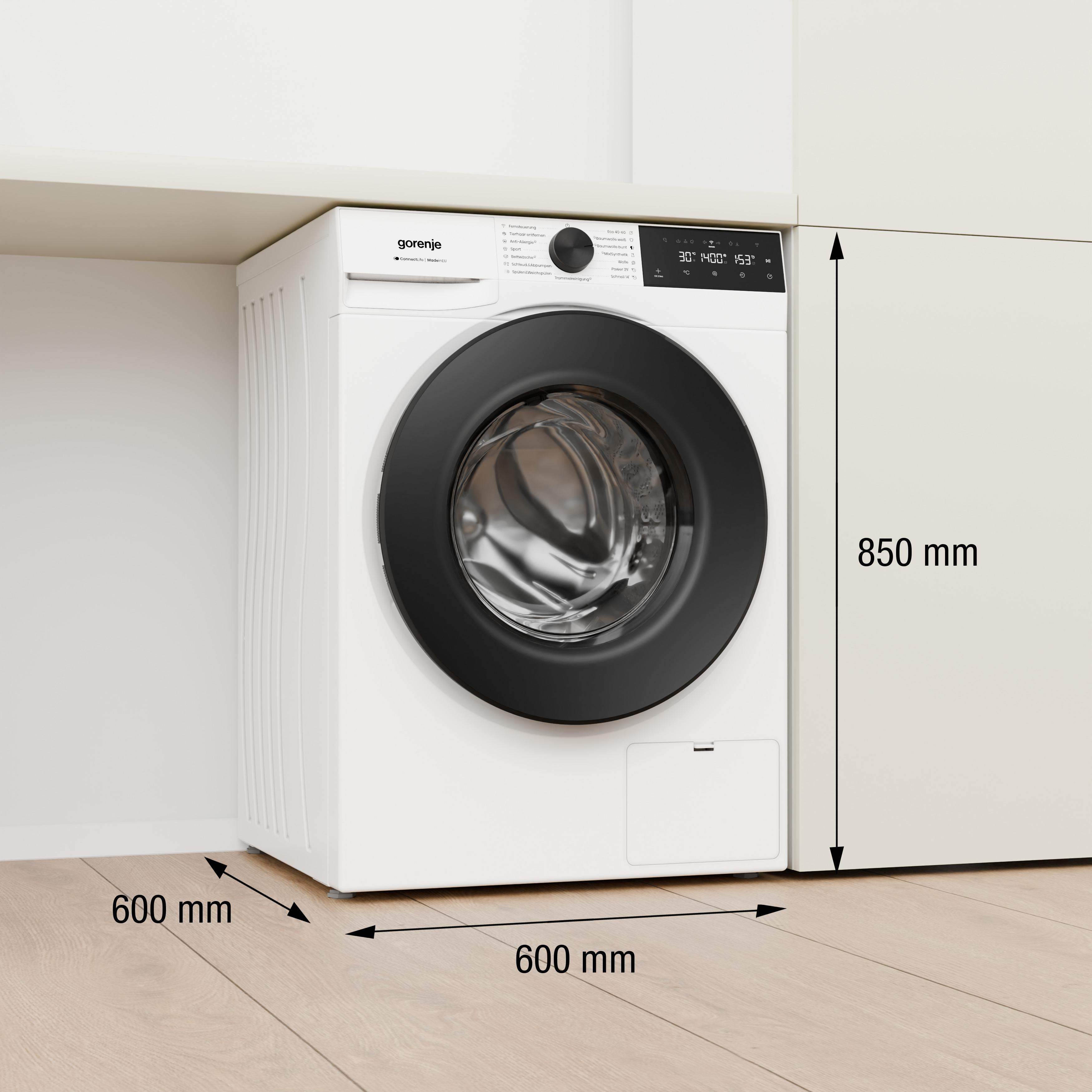 Eine weiße Gorenje Waschmaschine mit schwarzer Tür, 600x600x850mm.