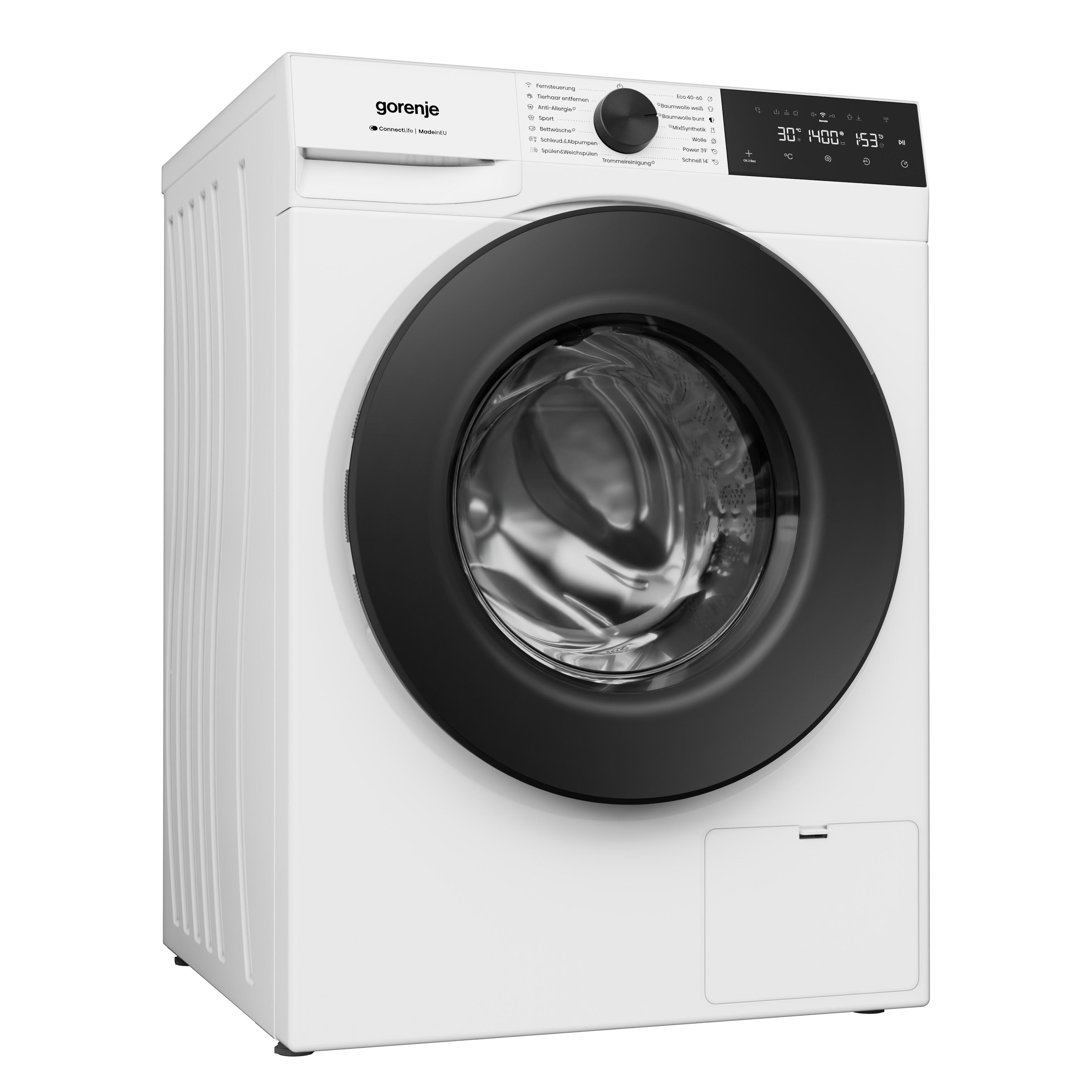 Eine weiße Gorenje Waschmaschine mit schwarzer Tür und Bedienfeld.