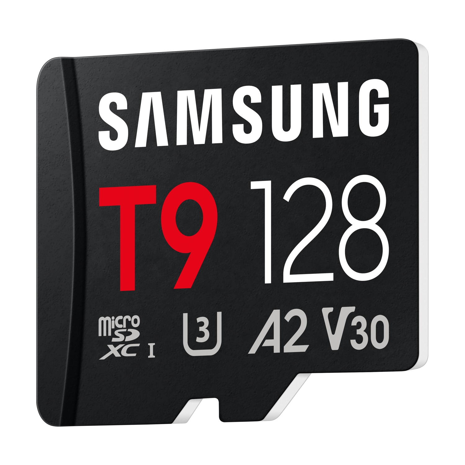 Scheda Micro-SD Samsung nera con T9 rosso e 128GB.