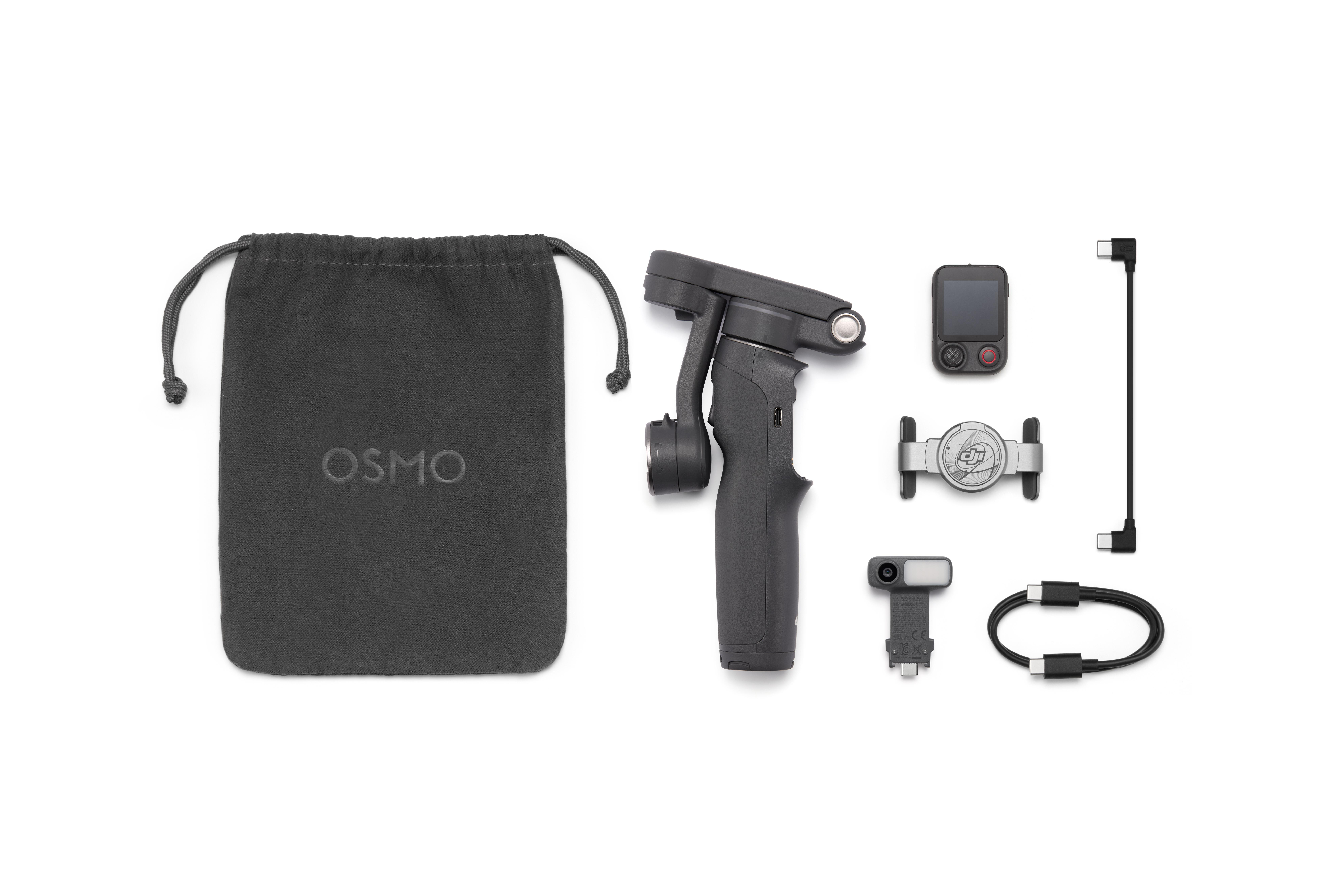 Ein schwarzer Beutel mit OSMO-Logo, ein Gimbal, ein Bildschirm, ein Halter, ein Blitz und Kabel.