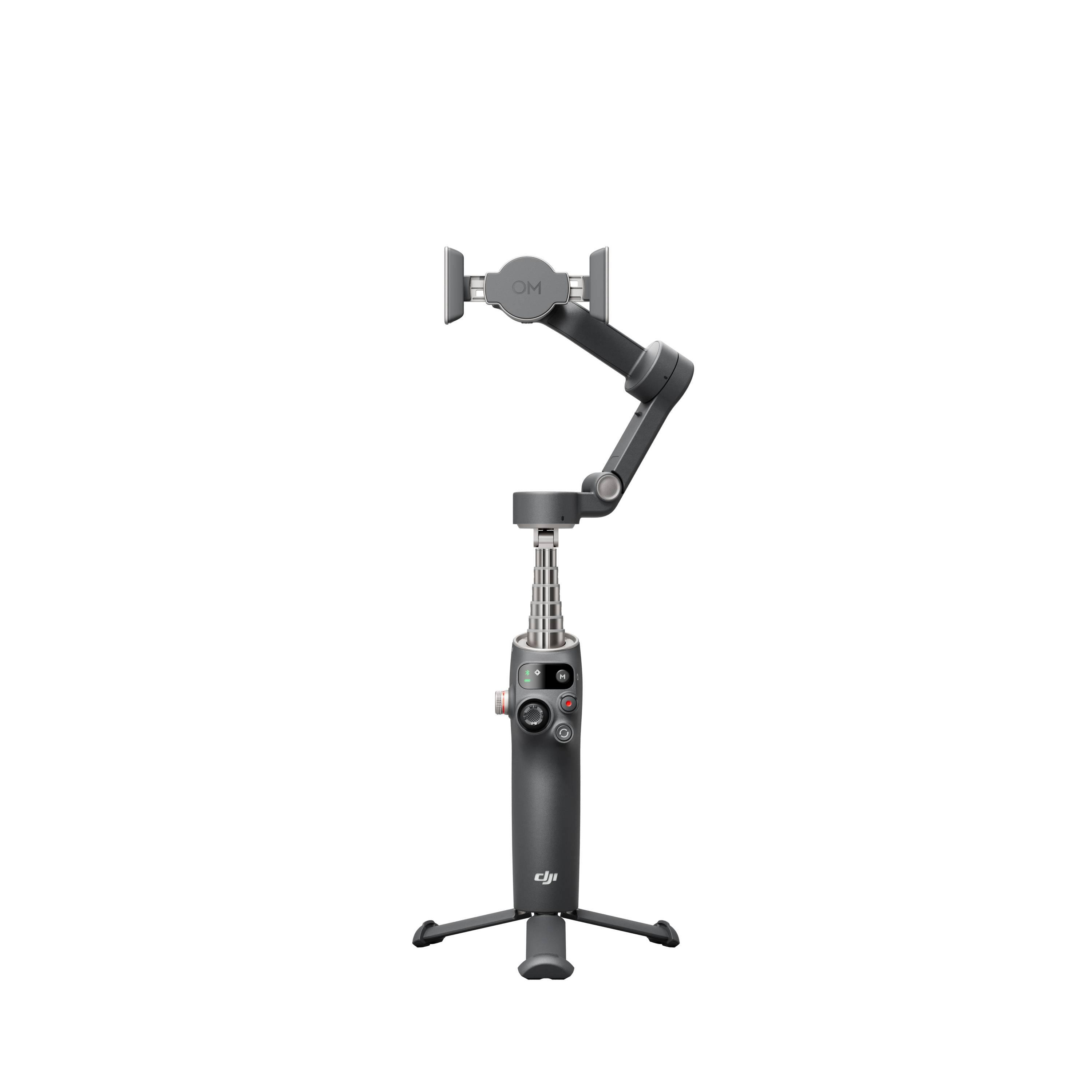 Ein grauer Gimbal mit ausziehbarem Griff und Telefonhalterung.