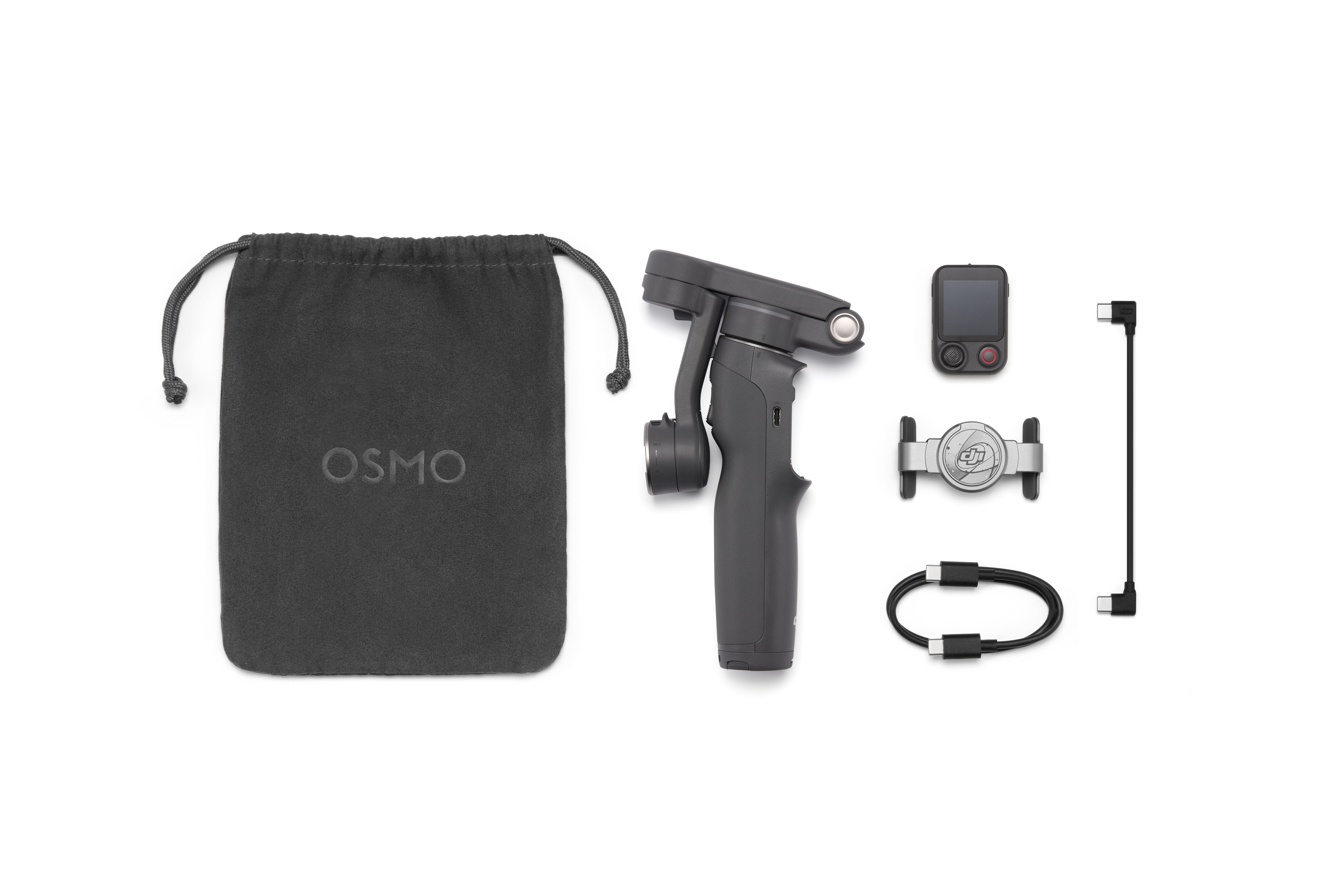 Ein Gimbal, eine Tasche und Zubehör auf weißem Hintergrund.