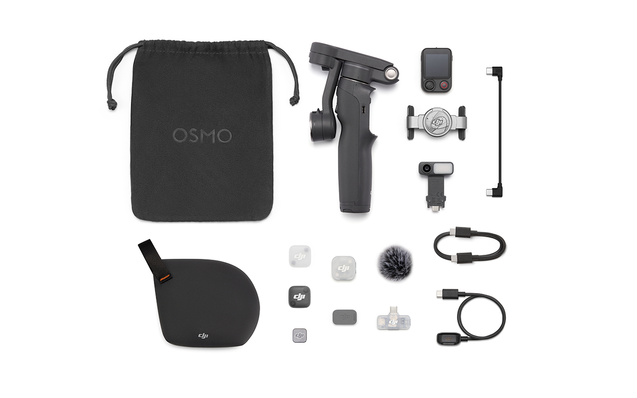 Osmo Gimbal und Zubehör: Tasche, Griff, Mikrofon, Kabel, Adapter, Bildschirm.