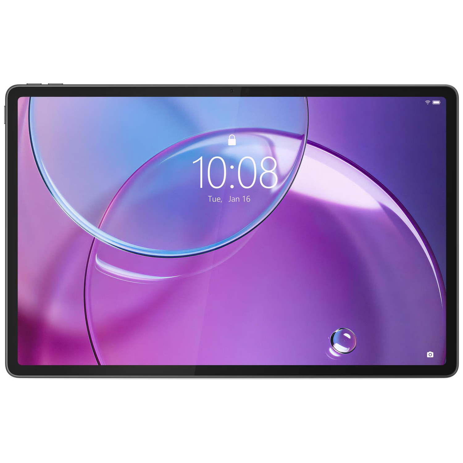 A tablet with a purple wallpaper showing 10:08.