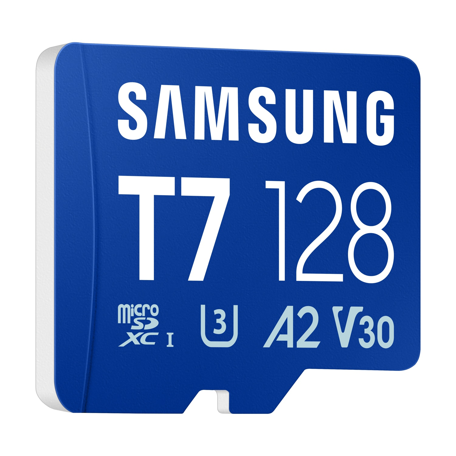 Scheda microSDXC Samsung T7 blu da 128 GB con testo e icone bianche.