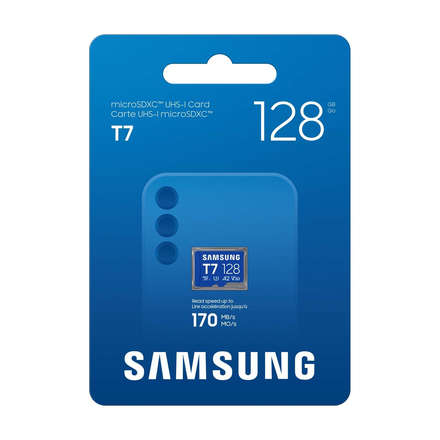 Scheda Samsung microSDXC T7, 128 GB, blu, con dettagli di velocità.