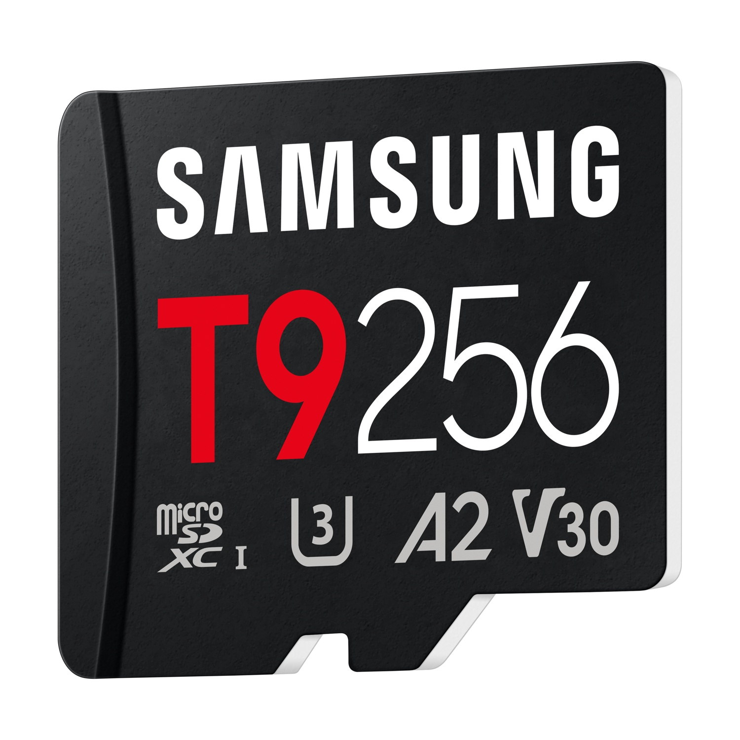Scheda MicroSD Samsung nera da 256 GB con valutazioni di velocità.